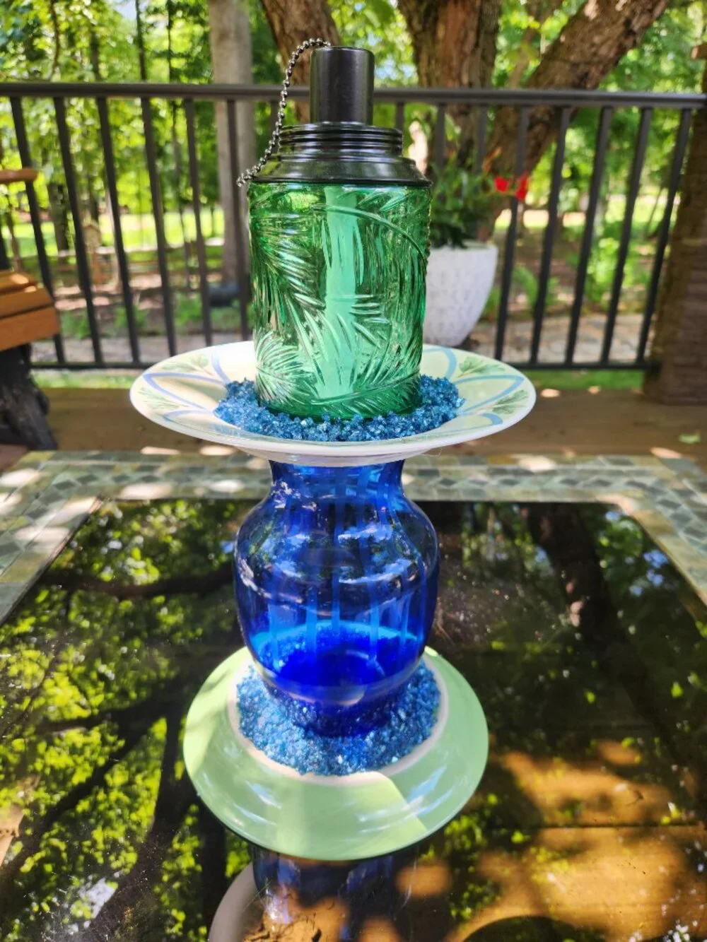 Upcycled Blue Green Tiki Torch Crushed Glass Accents